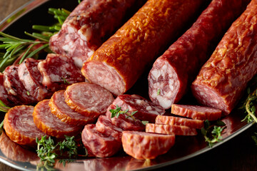 Sliced dry cured sausages with thyme, rosemary, and garlic.