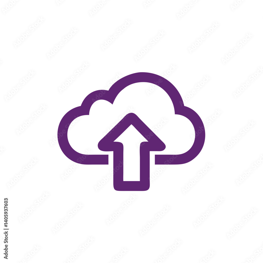 Poster cloud data upload: a purple icon of a cloud with an upward arrow, representing data transfer, cloud 