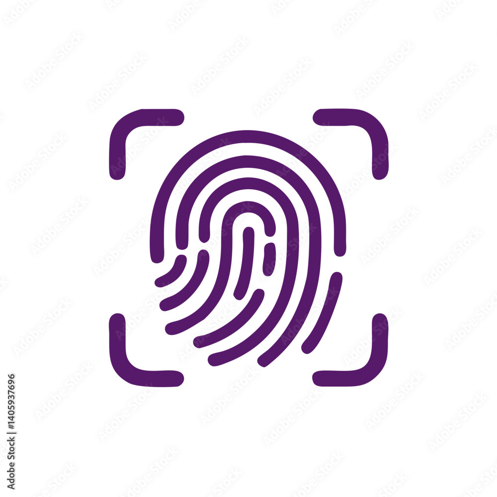 Poster fingerprint: an isolated and detailed graphic of a fingerprint is enclosed within a purple security 