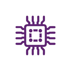 Obraz premium Purple Microchip Icon: A purple line-art microchip icon with a square design and four dots in a square in the middle, with eight wires. The wires symbolize connections, innovation, and technology.