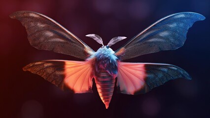 Vivid Colorful Moth Macro Close-up with Textured Wings and Fur on Dark Gradient Background – Bright Fantasy Insect Design Ideal for Nature, Wildlife, Surreal Art, and Digital Concepts