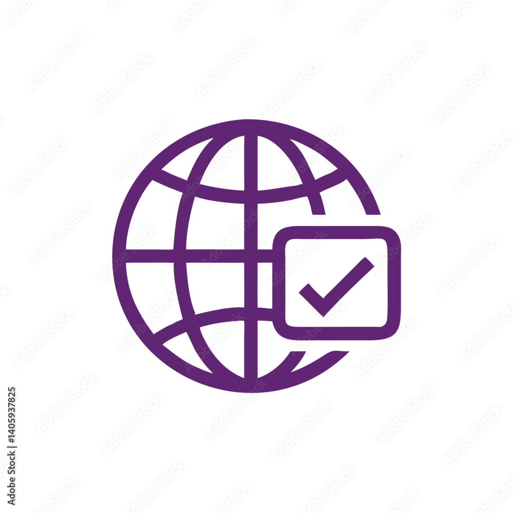 Poster worldwide connection: a clean and modern graphic illustration of a globe with an encompassing check 