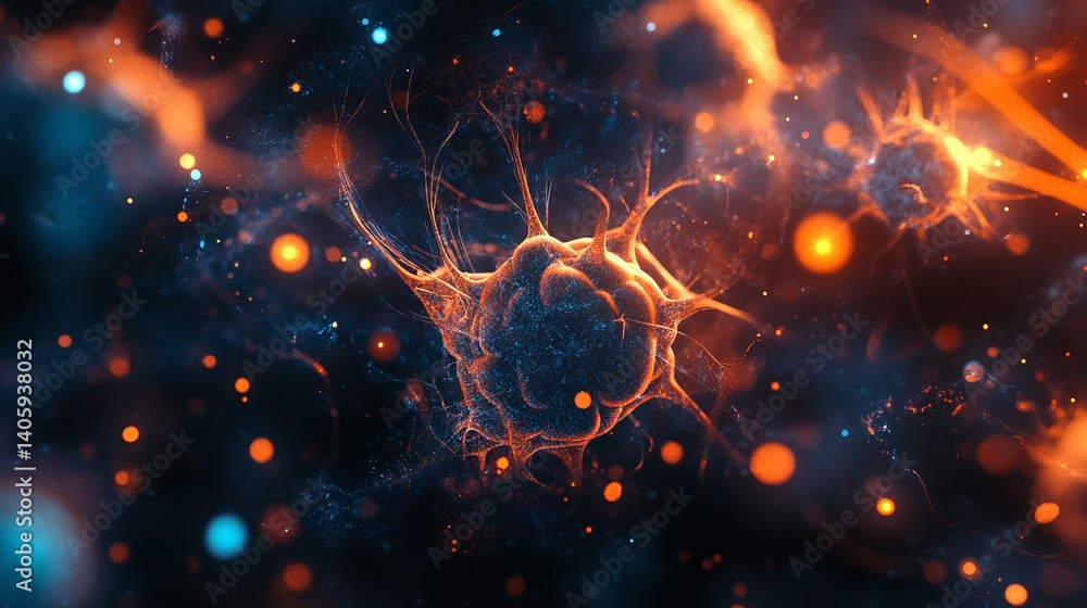 Poster close up of a cell with spikes and glowing particles in a dark and colorful environment