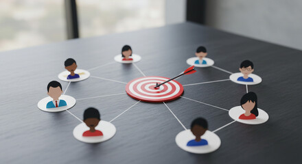 A diverse team united, striving for a shared goal, symbolized by a bullseye arrow, creating a strong network in a modern minimalist setting.