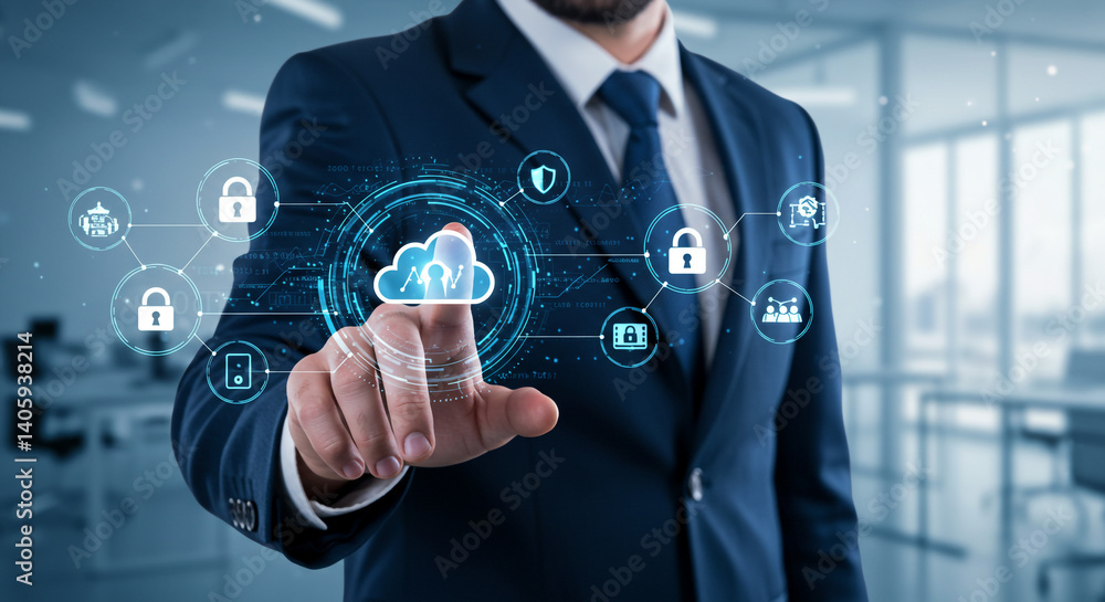 Poster a businessman confidently controls a futuristic cloud security system, a network of digital locks en