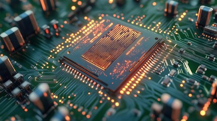 Obraz premium Microchip Technology Showcases Intricate Design and Connectivity on a Green Circuit Board Illuminated by Glowing Elements