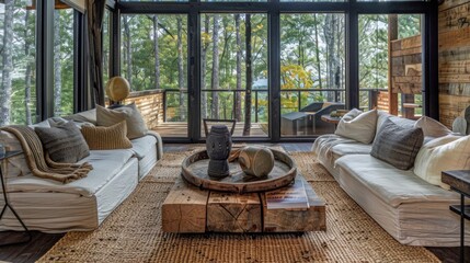 Modern living room interior with garden view