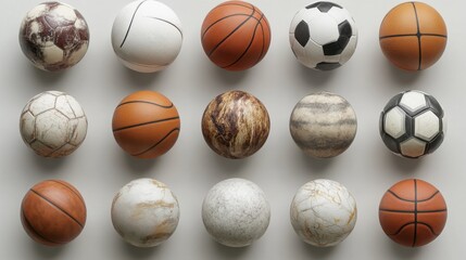 A collection of realistic sports balls, including basketball, soccer, and volleyball, neatly arranged. High Quality illustration