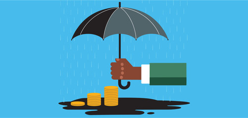 Hand holding an umbrella protecting stacks of coins from rain
