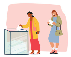 Happy women cartoon characters voting and choosing candidate putting paper ballot into box scene