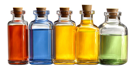 Colorful glass bottles with liquids on a clear background