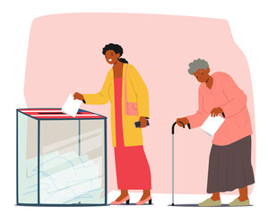 Old elderly and young adult women cartoon characters voting for candidate at polling station scene
