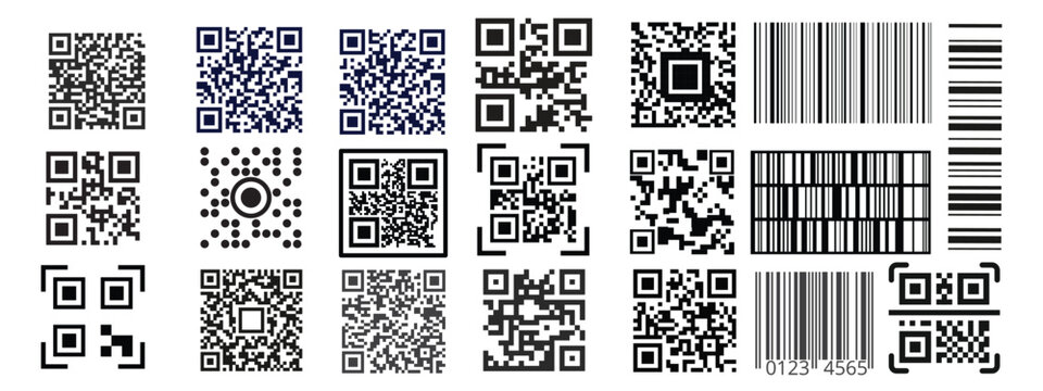 Scan QR code black icon set isolated on transparent background. Digital barcode scanning qr code sign for smartphone, payment, mobile app. Flat or line vector collection. Scan me phone tag symbol