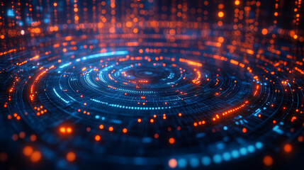 A sleek digital illustration set against a deep blue background, featuring luminous circuit board patterns and circular elements that evoke a sense of global connectivity  Generative AI