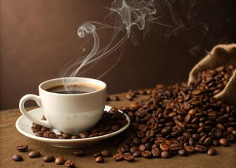 Brewing coffee surrounded by roasted beans home kitchen beverage scene dark brown background close-up view aromatic experience