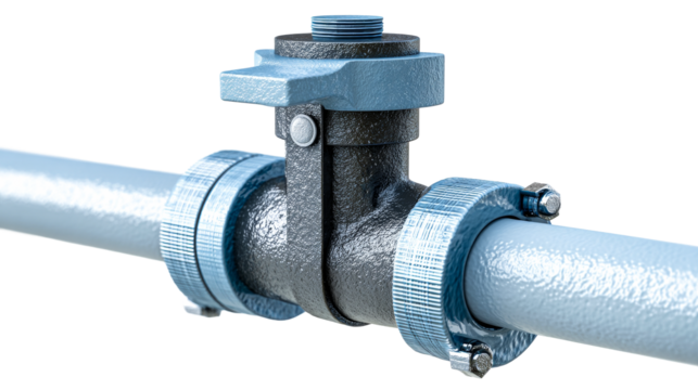 Pipe valve on a blue metallic pipeline with a transparent background