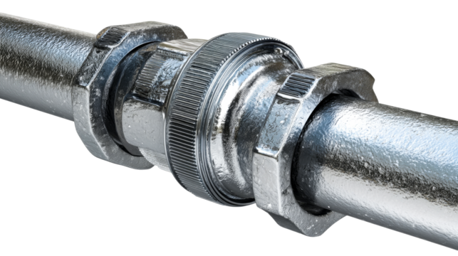 Detailed view of steel pipe fitting with transparent background