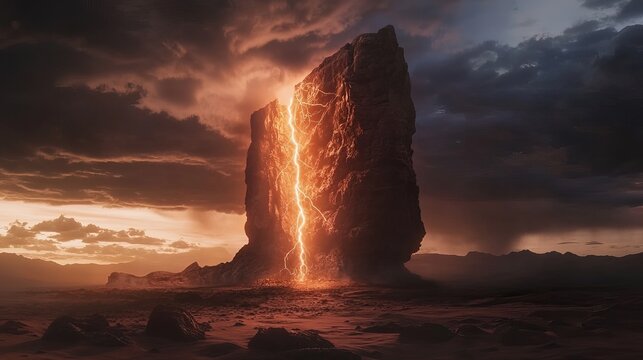 A large rock formation with a lightning bolt in a desert landscape under a stormy sky at dusk or dawn - Powered by Adobe