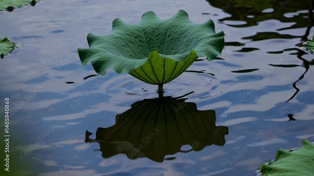 Poster a serene video still of a lotus leaf floating on water, captured from a low angle, highlighting its 