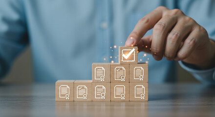 Completing tasks building success wooden blocks achievement goals progress