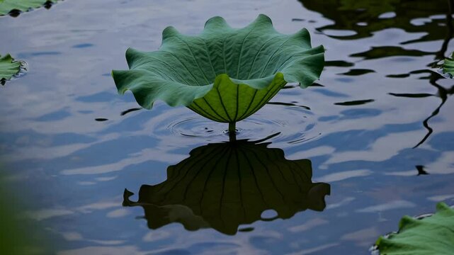 A serene video still of a lotus leaf floating on water, captured from a low angle, highlighting its reflection and ripples in a tranquil setting.
