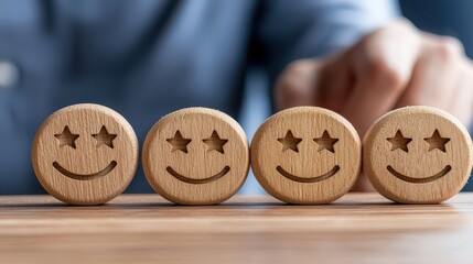 Four wooden smiley face tokens with star eyes, symbolizing positive feedback and customer satisfaction.