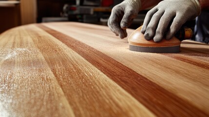Carpenter sanding a wooden surface in a workshop. Featuring craftsmanship and attention to detail