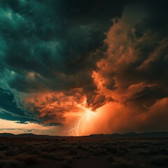 Naklejka premium March World Meteorological Day Storm Majesty Storm cloud with lightning over a desert landscape dramatic tealorange contrast aspect ratio cinematic scale sharp cloud textures Image