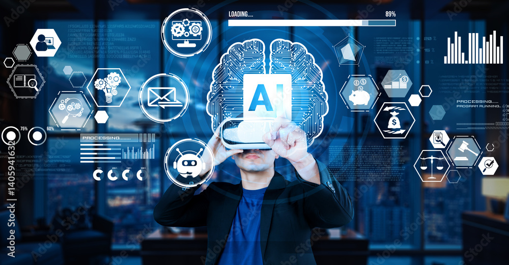 Aufkleber smart project manager pointing at ai chat hologram and wearing headset at modern office. professiona