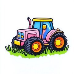 Colorful Cartoon Tractor Illustration on Grass with Bright Details and Playful Design for Kids