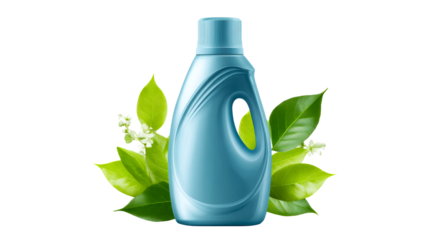 Liquid detergent bottle with green leaves on transparent background