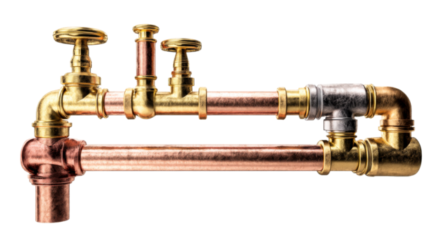 Copper and brass plumbing pipes arranged for installation