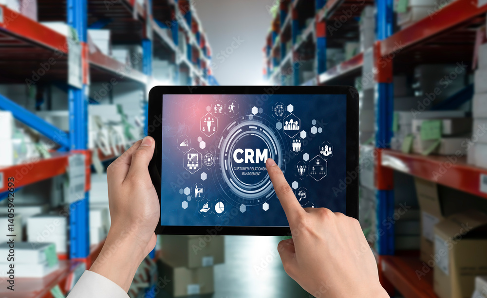 Poster customer relationship management system on modish computer for crm business and enterprise