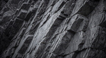 A close-up of textured, dark rock formations showcasing angular shapes and layers, emphasizing the natural beauty of geological structures.