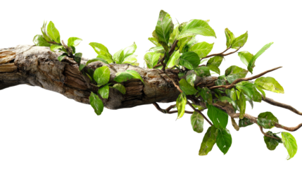 Green leaves on a textured wooden branch, transparent bg