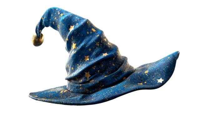 Unique wizard hat with golden stars on a transparent background - Powered by Adobe