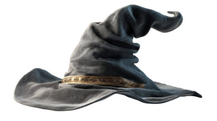 Gray wizard hat with golden band on transparent background