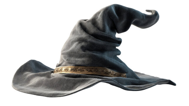 Gray wizard hat with golden band on transparent background