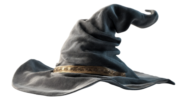 Gray wizard hat with golden band on transparent background
