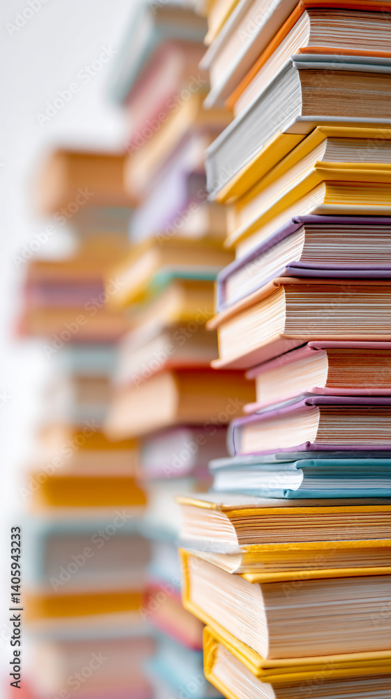 Poster close-up of a stack of books with colorful covers, showcasing various pastel shades. represents know