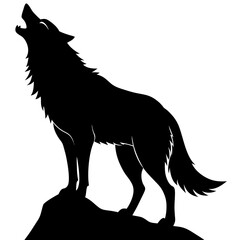 A fierce wolf standing on a rock, howling silhouette isolated on white background