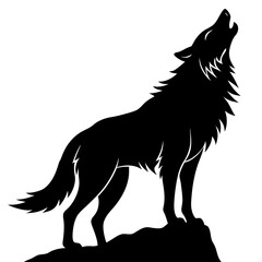 A fierce wolf standing on a rock, howling silhouette isolated on white background