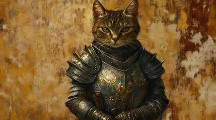 Fototapeta premium A cat in armor standing against a textured background. Mythic Stanzas. Illustration