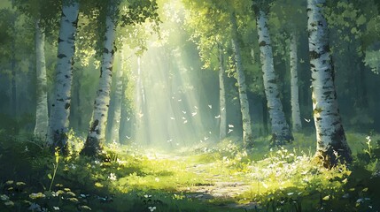 Fototapeta premium Quiet forest sanctuary delicate sunbeams filtering through tall graceful birches and a softly textured mossy floor creating an intimate vibe