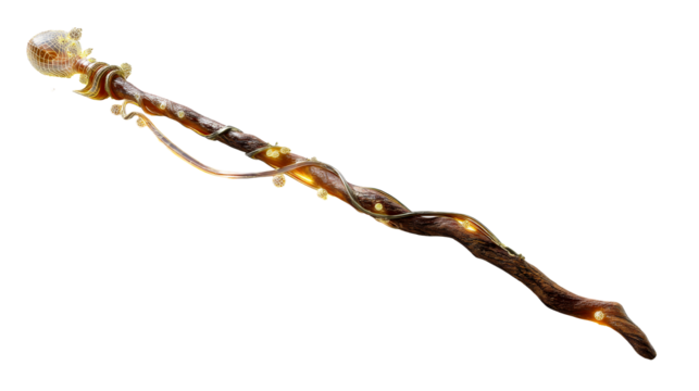 Wooden wand with glowing orbs and intricate designs