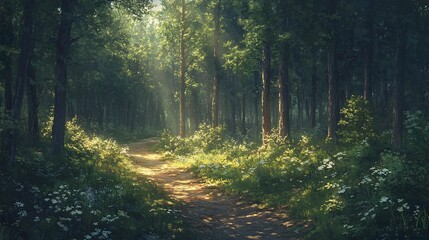 Fototapeta premium Quiet forest retreat featuring meandering dirt trail and soft sunlight cascading through leafy canopies evoking peaceful solitude and rustic charm