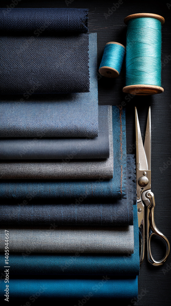 Poster stacked rolls of various blue and gray fabrics, spools of teal thread, and silver scissors on a dark