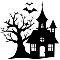 Halloween Horor house with dead tree, bat and Ghost silhouette vector isolated on white background
