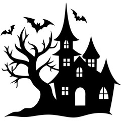 Halloween Horor house with dead tree, bat and Ghost silhouette vector isolated on white background