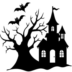 Halloween Horor house with dead tree, bat and Ghost silhouette vector isolated on white background